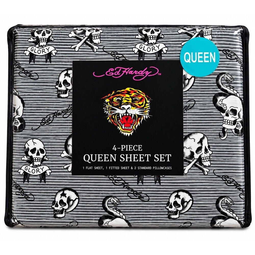 Ed Hardy Queen Sheet Set 4pc Skull Snake Gothic Tattoo Y2K Black White NEW